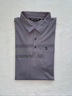 Travis Matthew Men's Lavender-Gray Stripe Polo with Chest Pocket L